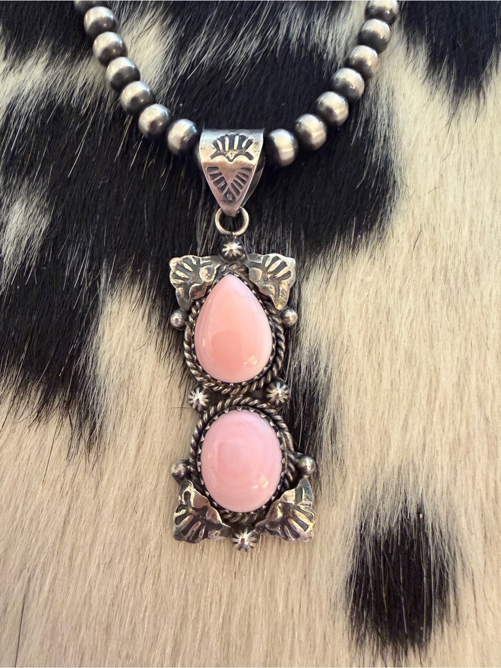 ❤️ Queen Pink Conch Navajo Style 2 Stone 9.3Gm Sterling Silver Pendant 2.06”L - Picture 4 of 15